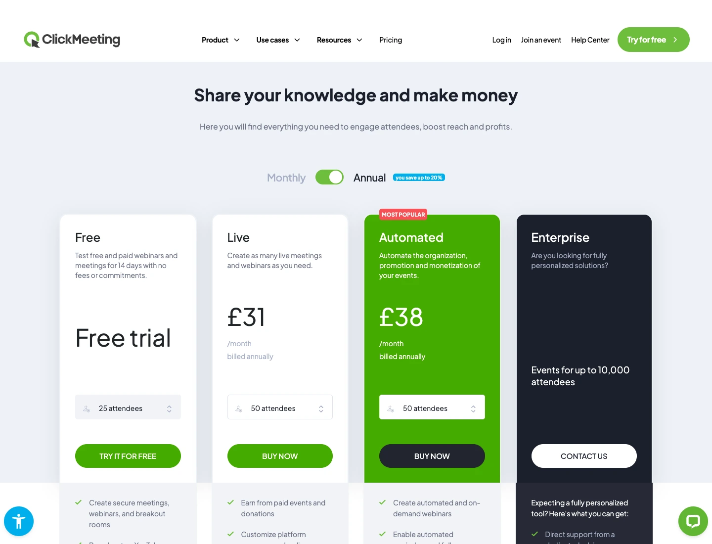 ClickMeeting: Free trial, Live, Automated и Enterprise с разными подписями CTA