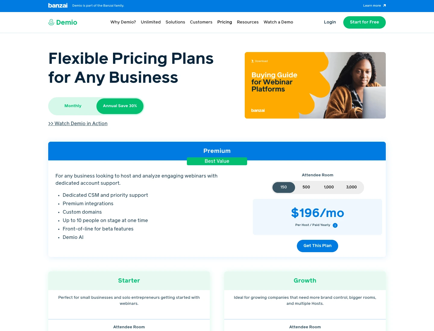 Demio: выделенный пакет Premium с выбором вместимости, ниже Starter и Growth
