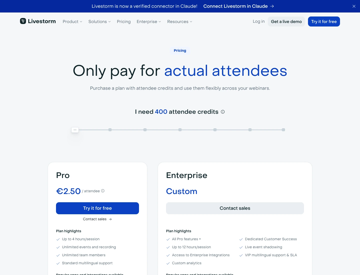 Livestorm: выбор кредитов участия над предложениями Pro и Enterprise