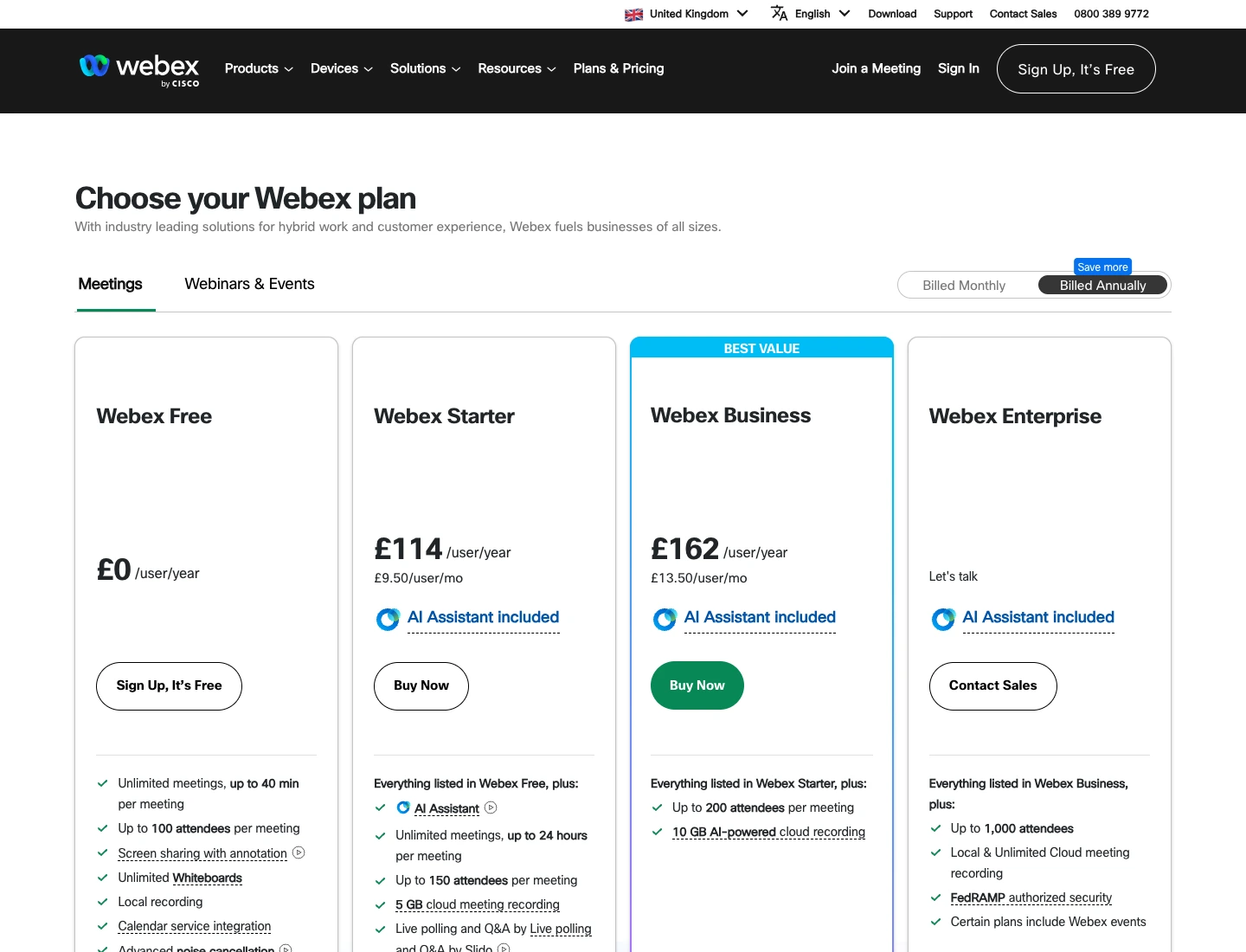 Webex: вкладки продуктов, переключатель периода и карточки с годовой стоимостью и месячным эквивалентом